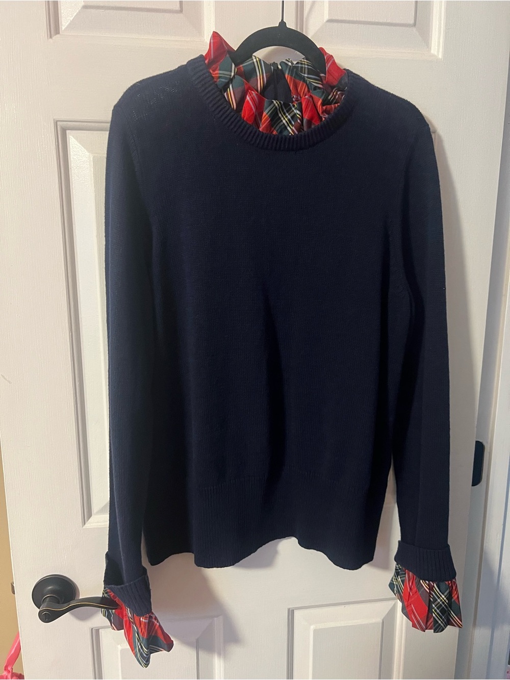 crown & ivy Navy Crewneck Sweater with Plaid Trim